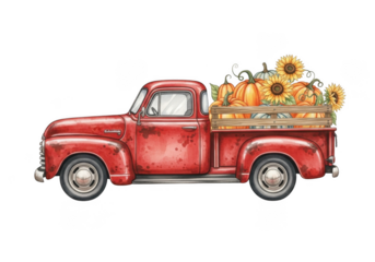 Vintage red truck with autumn harvest in bed isolated on transparent background