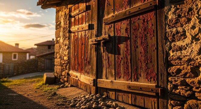 Warm Golden Light on Rustic Stone Wall and Weathered Wooden Doors of an Old Village House at Sunset.