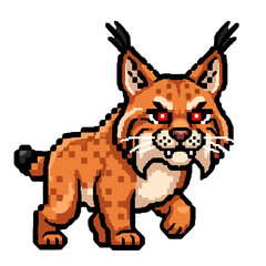 A pixelated illustration of a bobcat with an intense gaze, walking forward.