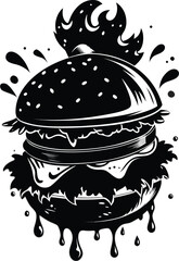 Black Silhouette of a Dripping Burger with Flames on Top hamburger sandwich