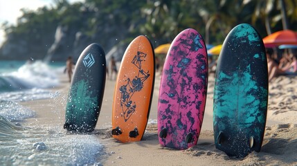 Surfboards on Beach with Splashing Waves and Tourists