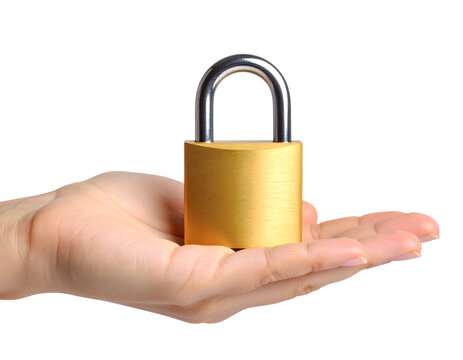 A person's hand offers a bright golden padlock, conveying ideas of digital security, data protection, and access control.