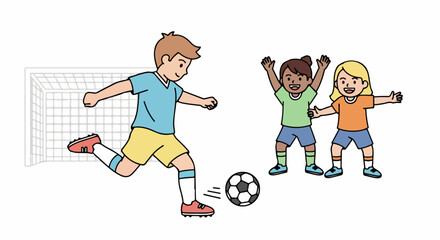 Boy kicking soccer ball with friends cheering and celebrating.