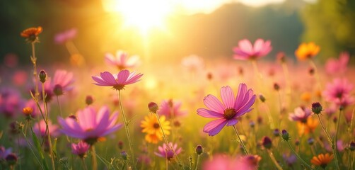 Backlit flowers in vibrant meadow create stunning visual display. Beauty of flowers, enchanting atmosphere of serene meadow setting. Pink, yellow cosmos flowers bloom in sunlight. Peaceful natural