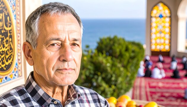 A contemplative senior man, adorned in a checkered shirt, gazes thoughtfully at a distant gathering, with a vibrant stained-glass window and ocean view in the background.
