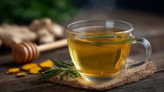 A steaming glass cup of golden herbal tea with ginger, mint, and rosemary, surrounded by turmeric root and a honey dipper.