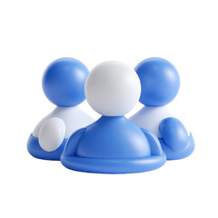 Three stylized, light-blue and white, rounded figures, clustered together, with a slightly 3D appearance, creating a group or community symbol