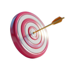 A 3D target with an arrow embedded.  The target is a glossy, pinkish-red, with alternating white rings.  The arrow, golden-brown, is precisely in the center