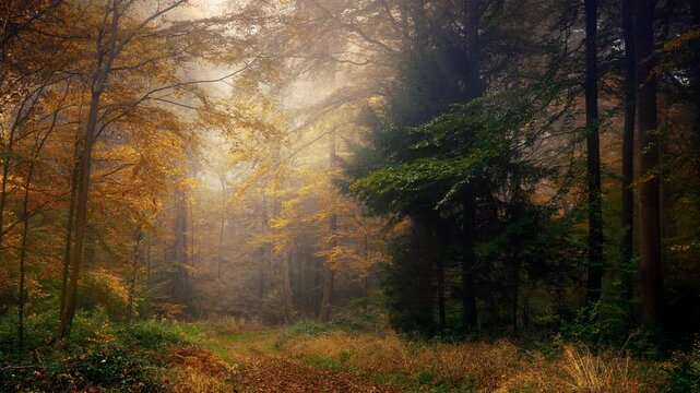 Fog coming down in deciduous autumn forest. Moody magical landscape b-roll with atmosphere and depth.