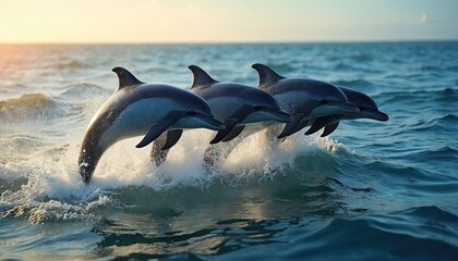 Naklejka premium Four playful dolphins leap from ocean waves under clear blue sky. Vibrant scene captures marine life in energetic motion, natural agility, joyful spirit. Image highlights group of majestic mammals