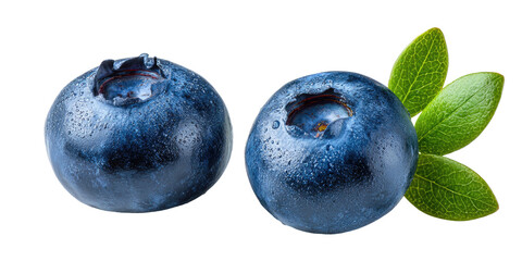 Obraz premium Two ripe blueberries, one with leaves, close-up