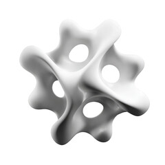 Abstract, symmetrical,  3D  shape resembling a star or flower,  with  organic,  flowing  curves.  Holes  are  present  within  the  form.  Grayscale