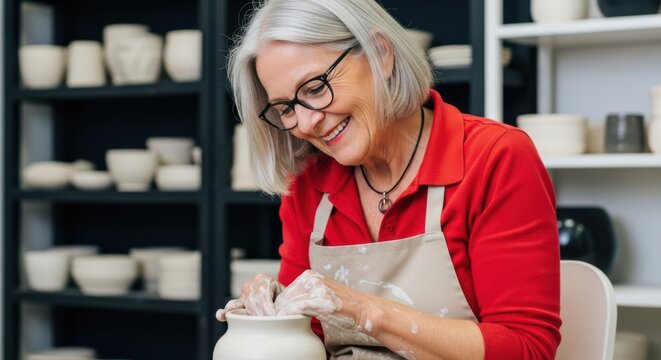 Smiling senior woman happily working on a pottery wheel in her art studio