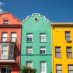 Obraz premium Three brightly colored buildings with unique architectural designs and window arrangements under a clear blue sky.