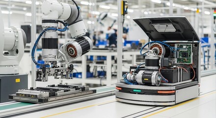 Robotic Arm and Autonomous Mobile Robot in Modern Factory | Automated Production Line for Manufacturing, Industry 4.0, and Smart Factory Solutions