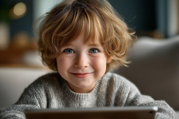 Niedliches Kind mit blonden Haaren lächelt warmherzig vor einem Tablet