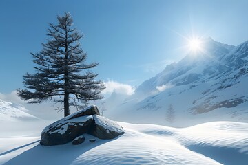 Detailed aerial perspective of a lone tree standing resilient amidst snow-covered boulders on a frozen mountain slope, showcasing serene tranquility and geological texture—perfect for mcar on the road