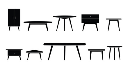 Collection of modern black furniture with various tables and cabinets