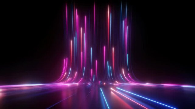 3d render abstract futuristic neon background. Glowing ascending lines. Fantastic wallpaper, radiant light, beams, futuristic, cinematic, stripes, rainbow, digital, up side, streaks, rays, fiber, data