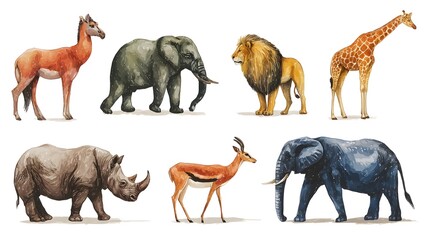 Vibrant Set of African Animals on White Background for Creative Designs