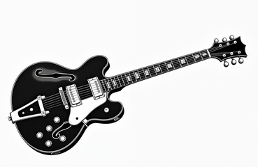 Classic black electric guitar illustration, isolated on white. Features retro design with semi-hollow body, chrome hardware, detailed fretboard inlays. Perfect for music concepts, guitarists, rock