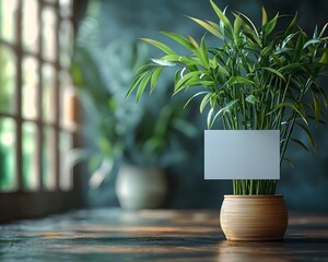 Peaceful bamboo plant with blank gift card on wooden table