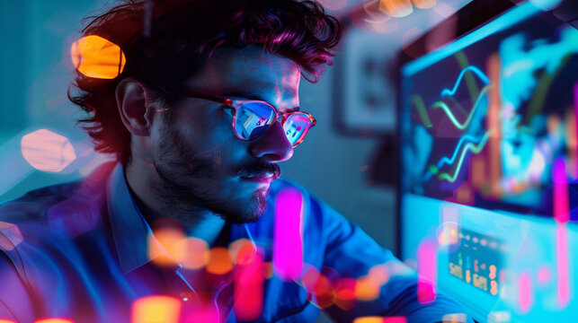Data analyst or stock trader working late, analyzing financial graphs and cryptocurrency data in a futuristic neon-lit environment
