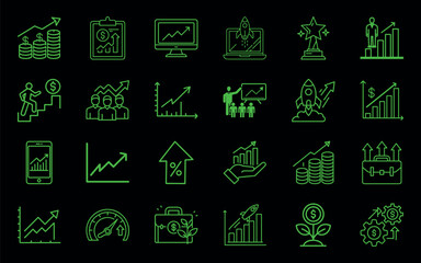 Business and personal growth icon set in line vector style, including career development, financial progress, professional upskill, goal achievement, and success arrows