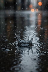 Raindrop Splash in Puddle with City Lights Bokeh