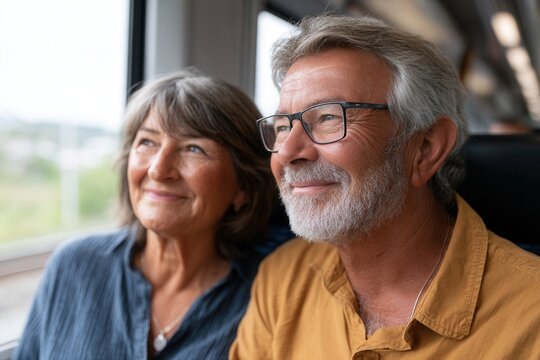A joyful elderly couple sitting by the window on a train, sharing smiles and enjoying the scenic view during their journey.