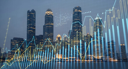 Financial growth chart overlaying a modern city skyline at night showing market trends