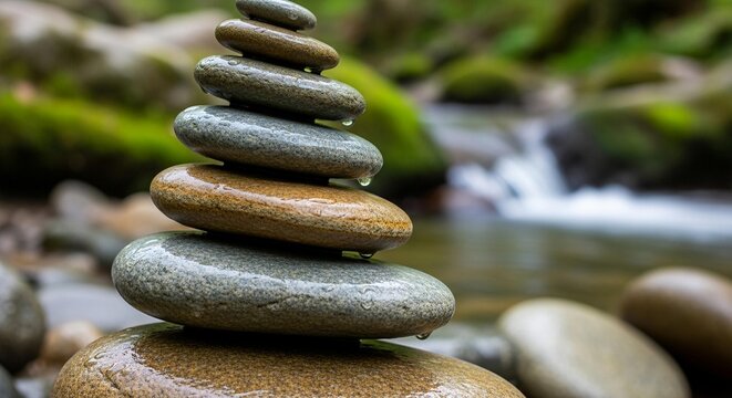 Close-up of stacked stones by a tranquil stream in a lush forest.