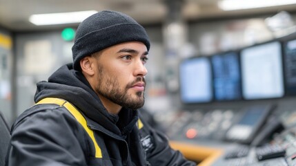 A concentrated male operator wearing a beanie works in a control room surrounded by monitors and equipment, showcasing a professional atmosphere.