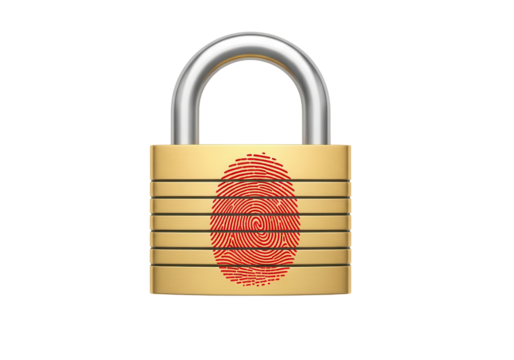 Gold Brass Padlock with Red Fingerprint Graphic isolated on White Background