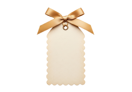 Blank gift tag with satin ribbon bow isolated PNG with Transparent Background