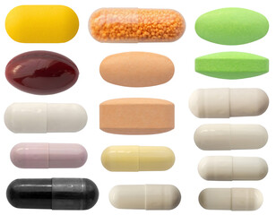 Different medicine pill tablet capsule set isolated on white background