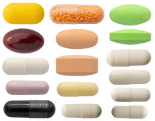 Different medicine pill tablet capsule set isolated on white background