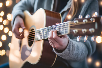 Obraz premium Singer-songwriter performing with an acoustic guitar, in a cozy, intimate setting
