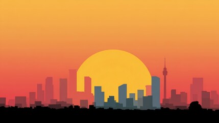 Fototapeta premium City Skyline Silhouette at Sunset Large Sun Buildings and Tower Urban Landscape