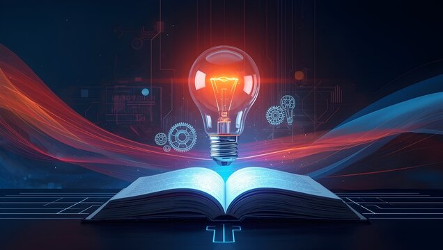 Illuminating Knowledge Lightbulb Above an Open Book , magic light bulb, Concept of innovation and creativity., Glowing light bulb on a book, Inspiring from read concept, Educational knowledge 