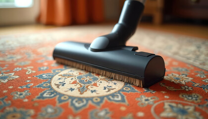 Black vacuum cleaner on orange and blue patterned rug. Close-up of domestic appliance cleaning ornate textured carpet. Home maintenance and cleanliness.