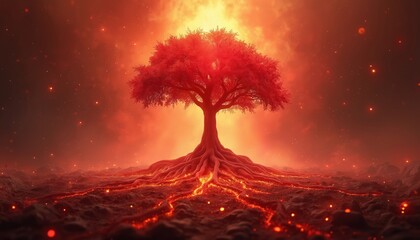 Vibrant red tree with deep roots symbolizes Muladhara chakra, grounding energy, and stability. Abstract fiery landscape with glowing particles evokes spiritual power and connection to earth.