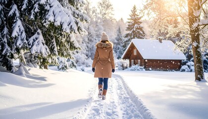Woman walking snowy path with winter cabin.