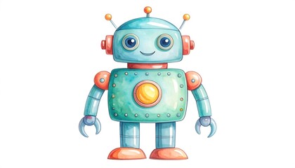 A cheerful, vintage-style robot, depicted in teal, blue, and coral colors, stands out against a pure white background.