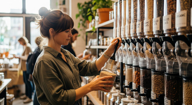 Woman shopping at a bulk food store, sustainable lifestyle concept - Powered by Adobe