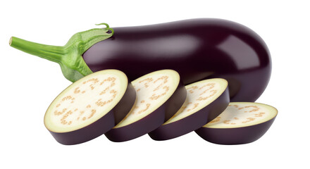 Whole purple eggplant with green stem and sliced aubergine pieces vegetable food