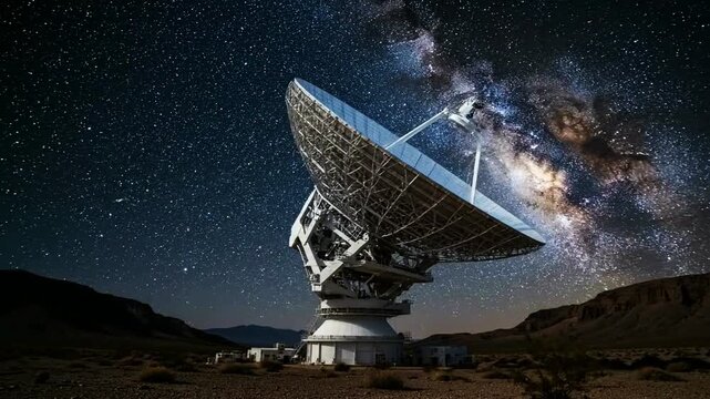  A slow zoom on a massive radio telescope in the desert at night  pointed towards the breathtaking  star-filled sky and the vibrant arc of the Milky Way galaxy.