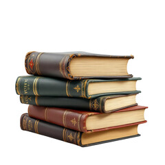 Stack of old leather books isolated on transparent background, a vintage collection