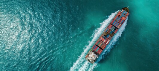 The container ship slicing turquoise ocean with colorful cargo containers aerial shipping view