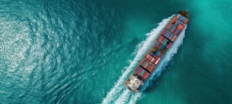 The container ship slicing turquoise ocean with colorful cargo containers aerial shipping view